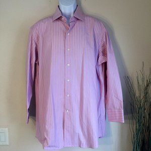 J Ferrar 100% Cotton Pink Gold Stripe Dress Shirt 17 Long Sleeve Collar Stays